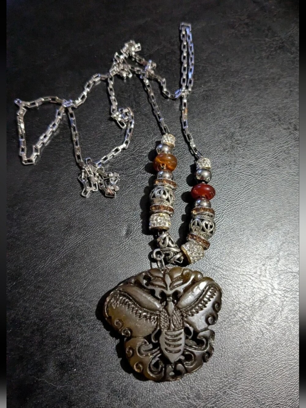 Handcrafted Jade Cicada Beaded Sautoir Necklace